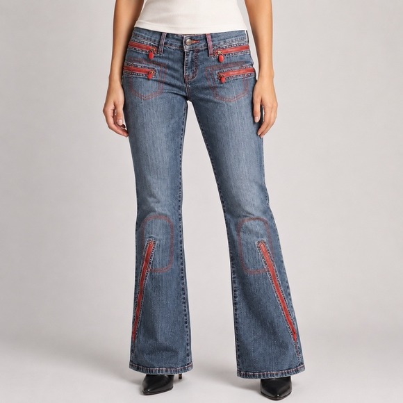 NJ Nieso Denim - Nieso Jeans Womens Size 13 Bootcut Low Rise Red Zipper Y2K Stretch Denim